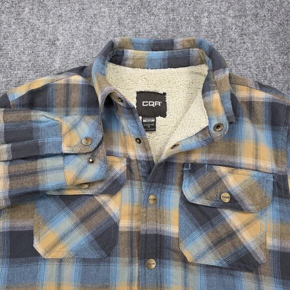 CQR Shirt Jacket Mens Small Blue Yellow Plaid Sherpa Lined Flannel Heavyweight - Picture 1 of 16